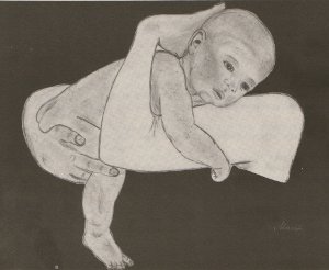 Zeichnung eines Kindes in einem Arm liegend