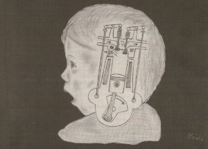 Zeichnung eines Kindes mit einem Uhrwerk im Kopf