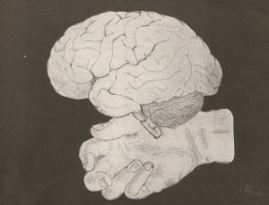 Zeichnung eines Gehirns unter dem eine Hand liegt